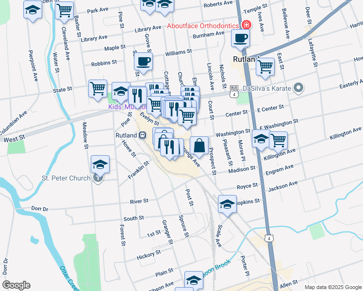 map of restaurants, bars, coffee shops, grocery stores, and more near 1 Strongs Avenue in Rutland