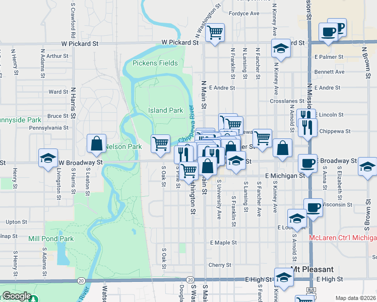 map of restaurants, bars, coffee shops, grocery stores, and more near 320 West Broadway Street in Mount Pleasant