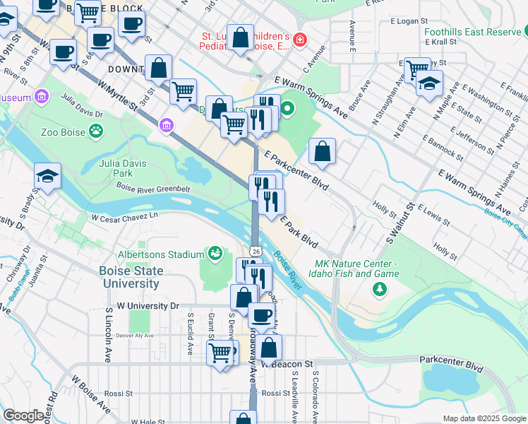 map of restaurants, bars, coffee shops, grocery stores, and more near 590 Broadway Avenue in Boise
