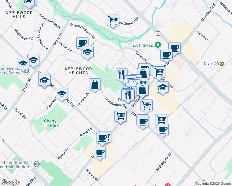 map of restaurants, bars, coffee shops, grocery stores, and more near 3096 Joel Kerbel Place in Mississauga