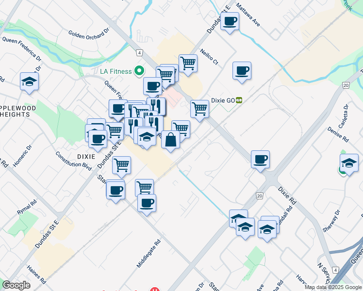 map of restaurants, bars, coffee shops, grocery stores, and more near 1312 Blundell Road in Mississauga
