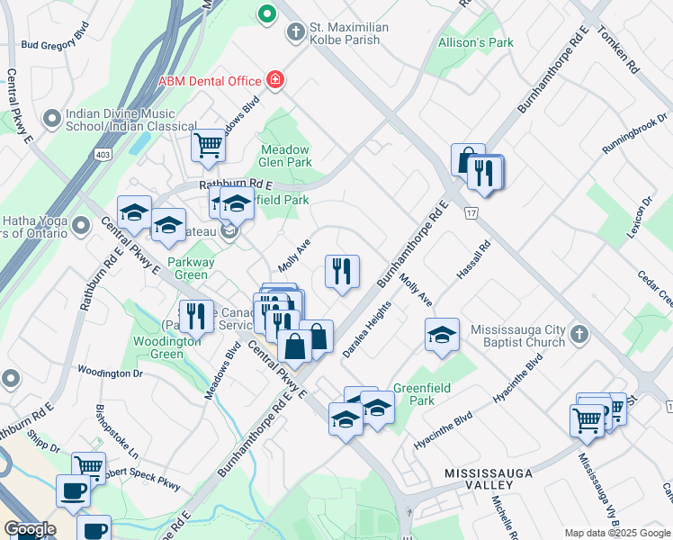map of restaurants, bars, coffee shops, grocery stores, and more near 4124 Dunmow Crescent in Mississauga
