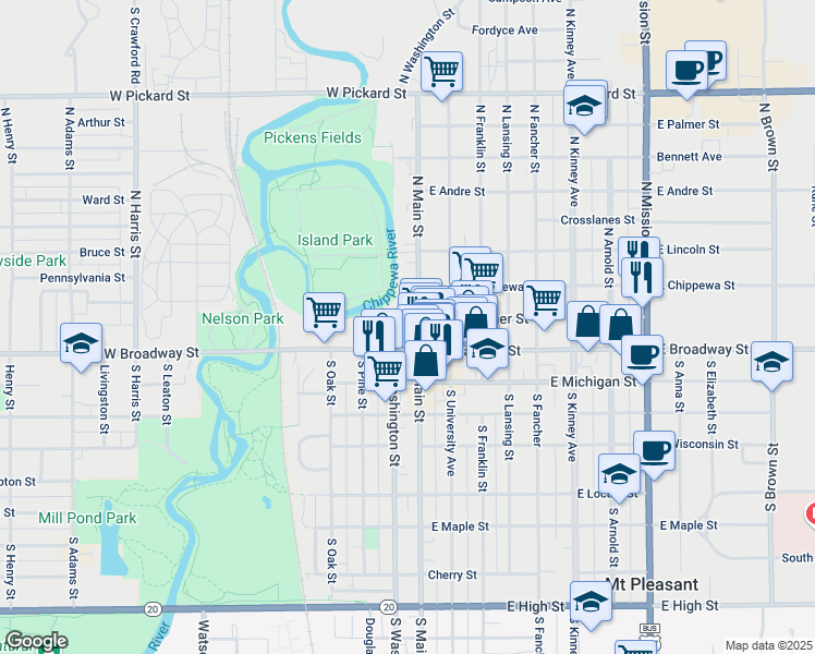 map of restaurants, bars, coffee shops, grocery stores, and more near 85 Mosher Street in Mount Pleasant