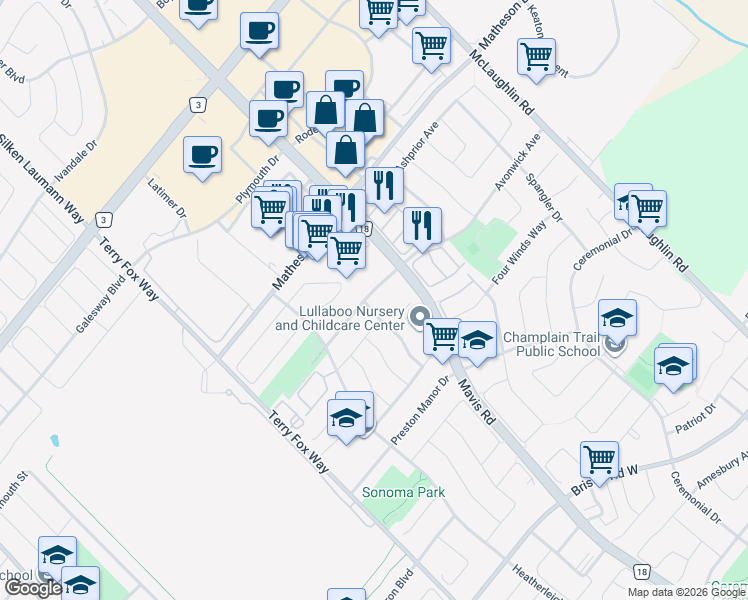 map of restaurants, bars, coffee shops, grocery stores, and more near 5749 Volpe Avenue in Mississauga