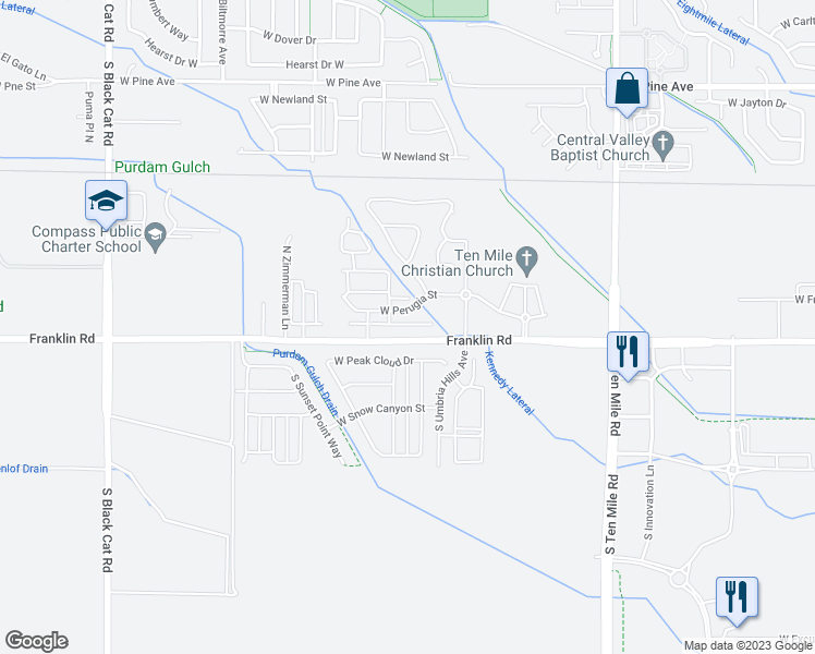 map of restaurants, bars, coffee shops, grocery stores, and more near 3881 West Chair Lift Lane in Meridian