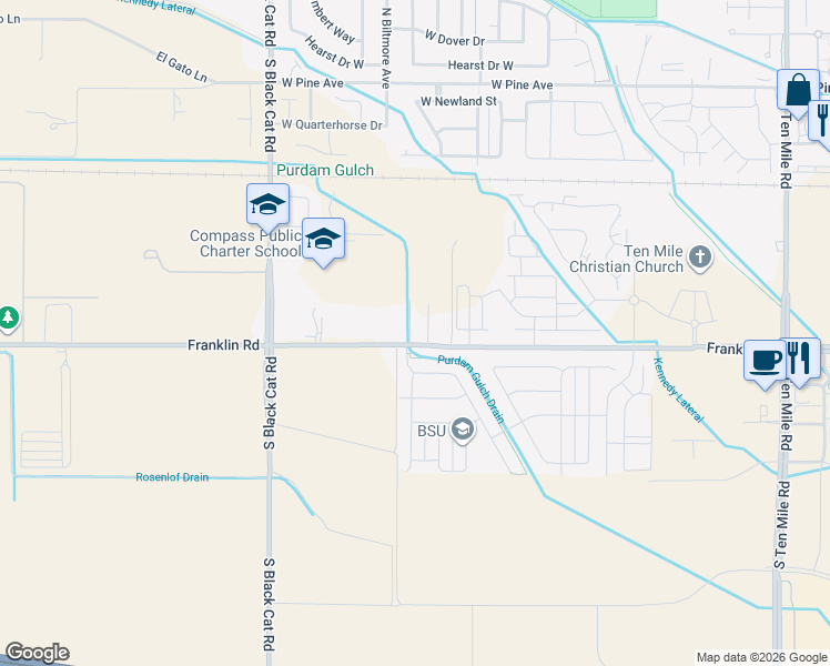 map of restaurants, bars, coffee shops, grocery stores, and more near 4380 West Franklin Road in Meridian