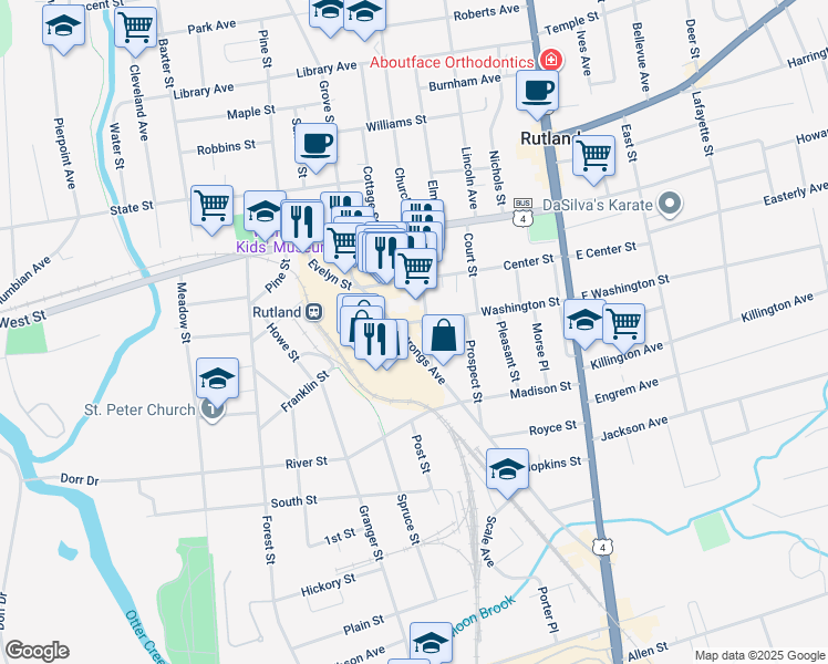 map of restaurants, bars, coffee shops, grocery stores, and more near 1 Strongs Avenue in Rutland