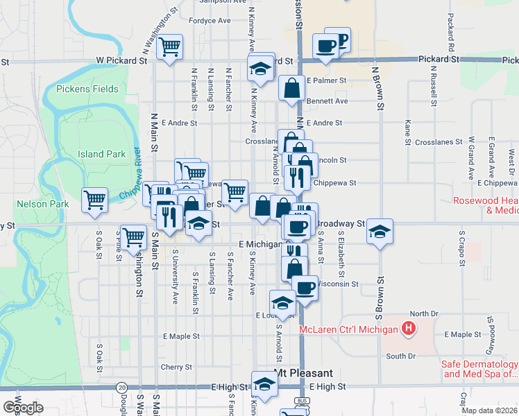 map of restaurants, bars, coffee shops, grocery stores, and more near 122 North Kinney Avenue in Mount Pleasant