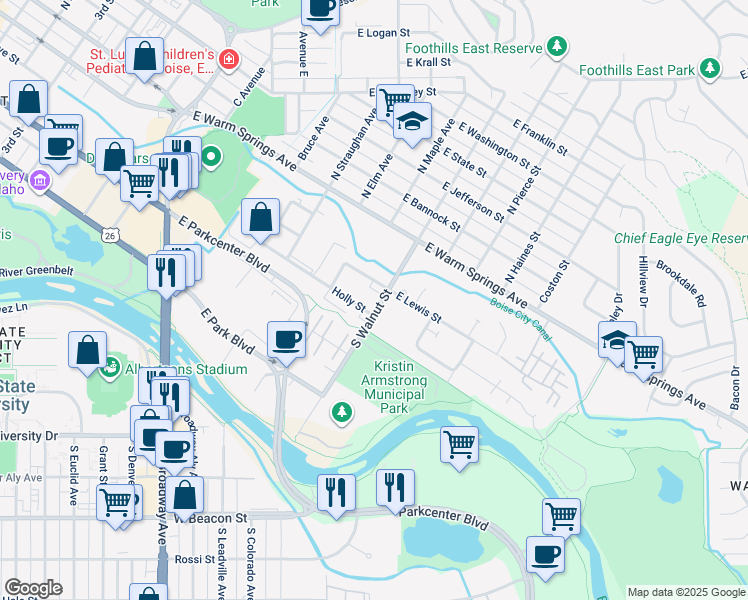 map of restaurants, bars, coffee shops, grocery stores, and more near 300 South Walnut Street in Boise