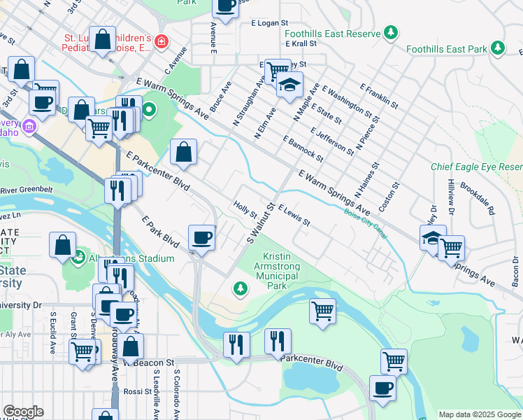 map of restaurants, bars, coffee shops, grocery stores, and more near 300 South Walnut Street in Boise