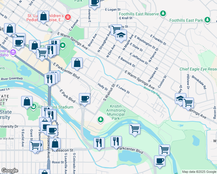 map of restaurants, bars, coffee shops, grocery stores, and more near 300 South Walnut Street in Boise