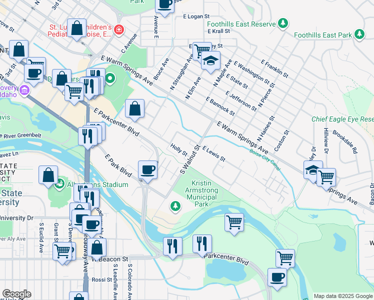 map of restaurants, bars, coffee shops, grocery stores, and more near 1015 East Holly Street in Boise