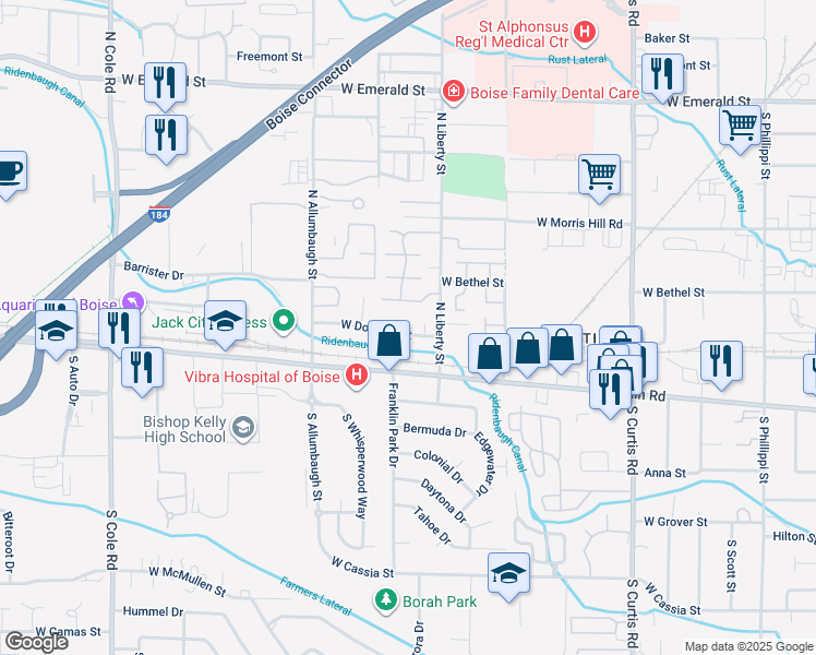 map of restaurants, bars, coffee shops, grocery stores, and more near 6461 Douglas Street in Boise
