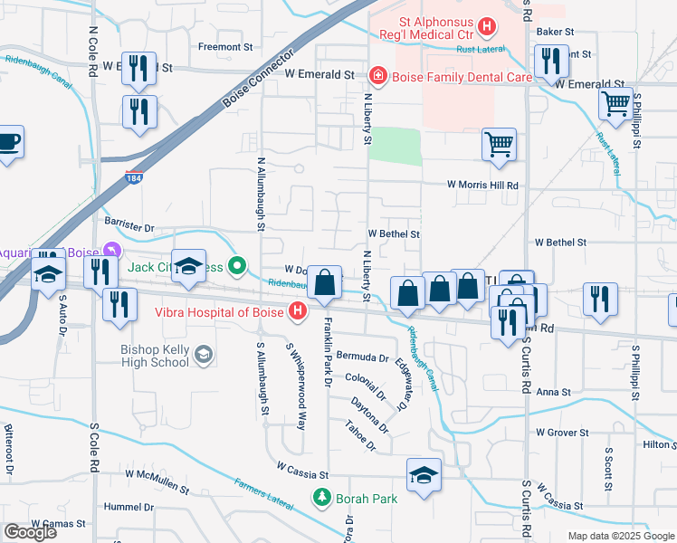 map of restaurants, bars, coffee shops, grocery stores, and more near 6461 Douglas Street in Boise