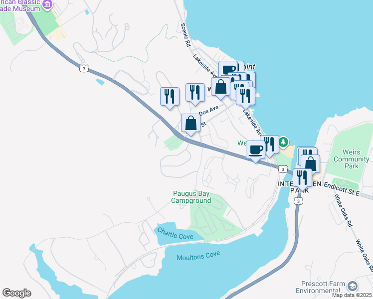 map of restaurants, bars, coffee shops, grocery stores, and more near 26 Memory Lane in Laconia