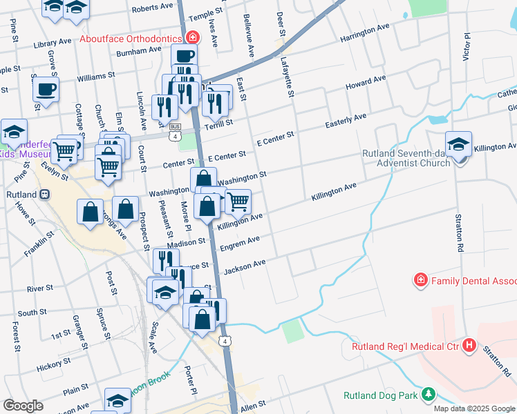 map of restaurants, bars, coffee shops, grocery stores, and more near 31 Killington Avenue in Rutland