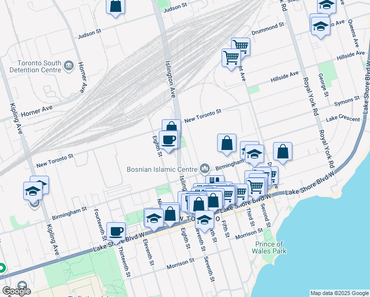 map of restaurants, bars, coffee shops, grocery stores, and more near 233 Islington Avenue in Toronto