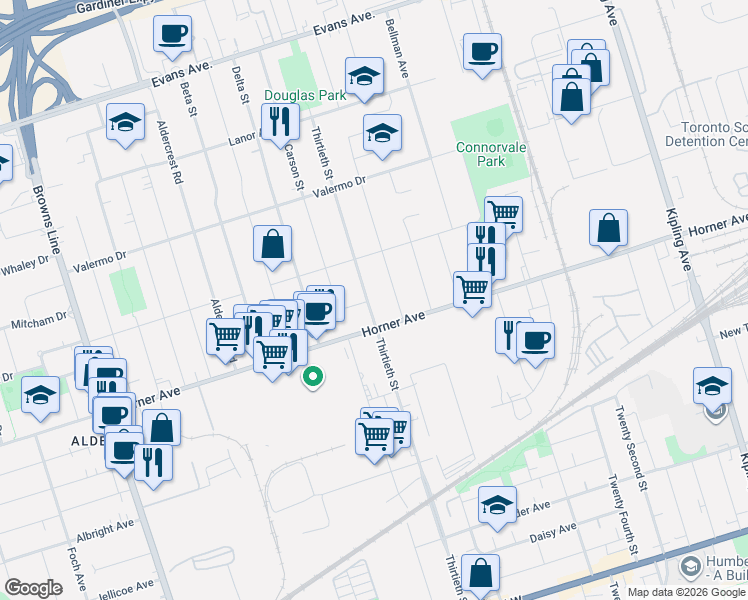 map of restaurants, bars, coffee shops, grocery stores, and more near in Toronto