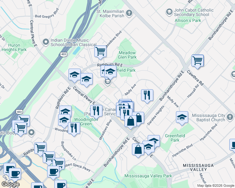 map of restaurants, bars, coffee shops, grocery stores, and more near 345 Meadows Boulevard in Mississauga