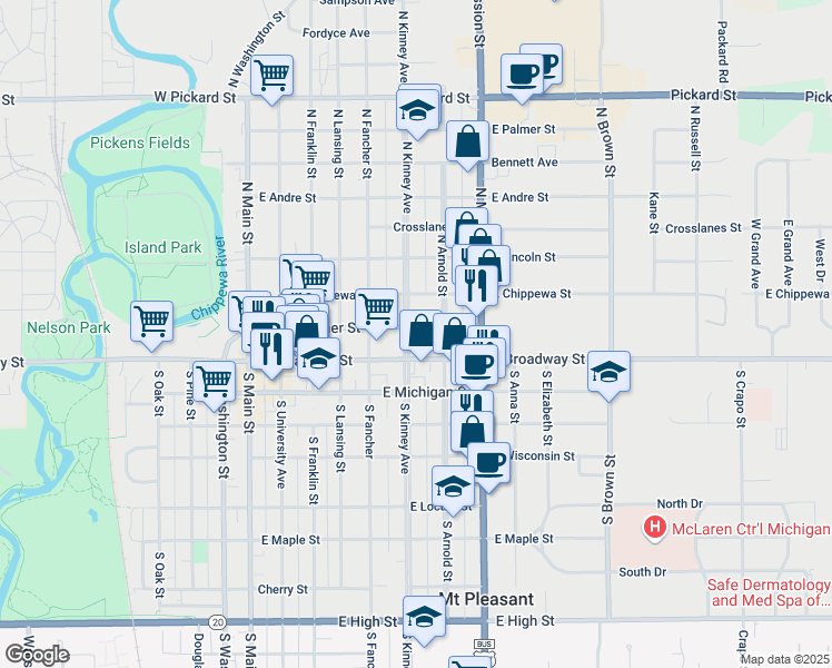 map of restaurants, bars, coffee shops, grocery stores, and more near North Arnold Street in Mount Pleasant