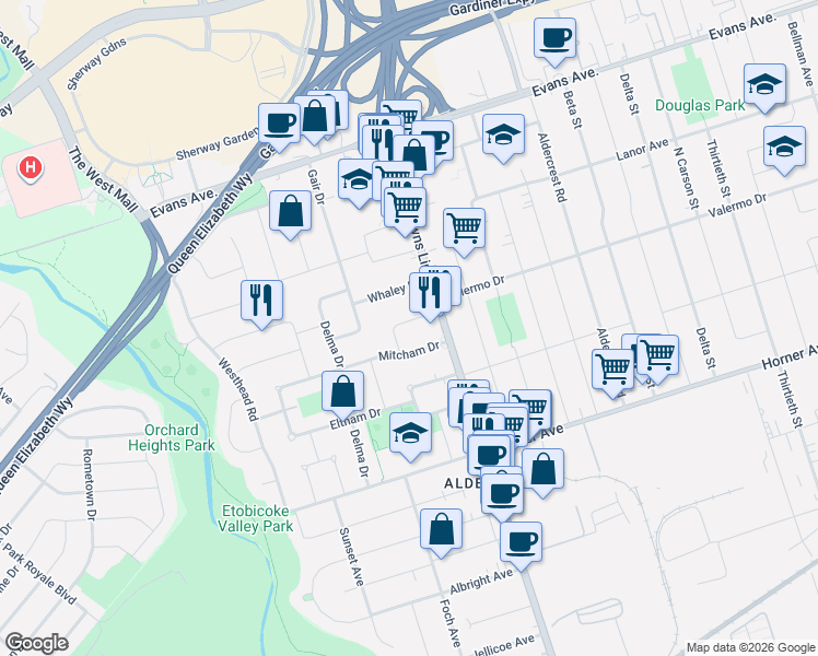 map of restaurants, bars, coffee shops, grocery stores, and more near in Toronto