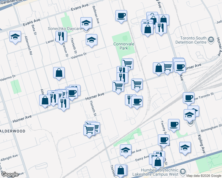 map of restaurants, bars, coffee shops, grocery stores, and more near 358 Horner Avenue in Toronto