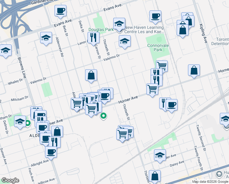 map of restaurants, bars, coffee shops, grocery stores, and more near 8 Davick Drive in Toronto