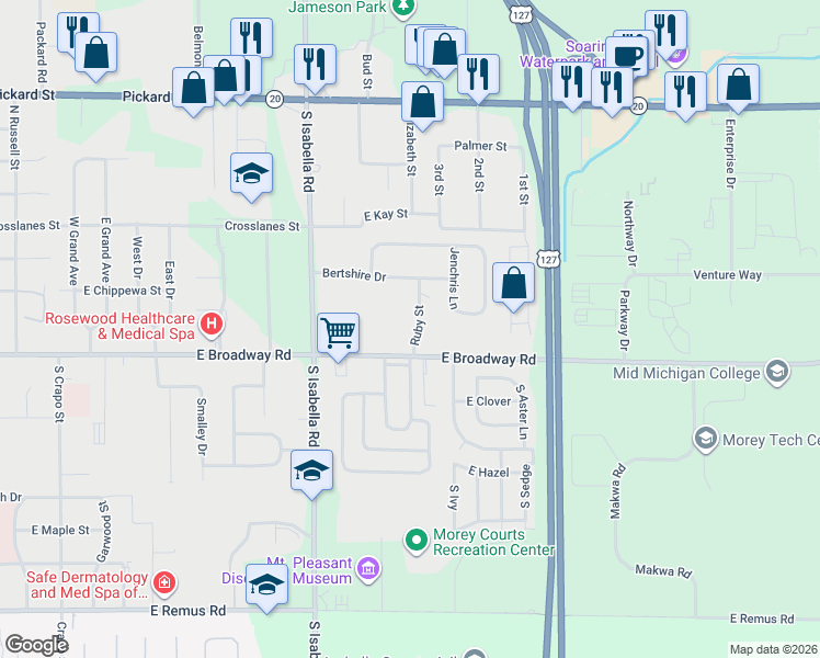 map of restaurants, bars, coffee shops, grocery stores, and more near 2400-2452 Ruby Street in Mount Pleasant