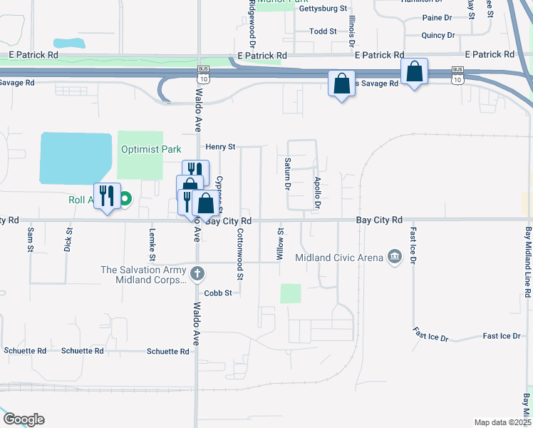 map of restaurants, bars, coffee shops, grocery stores, and more near 3601-3699 Bay City Road in Midland