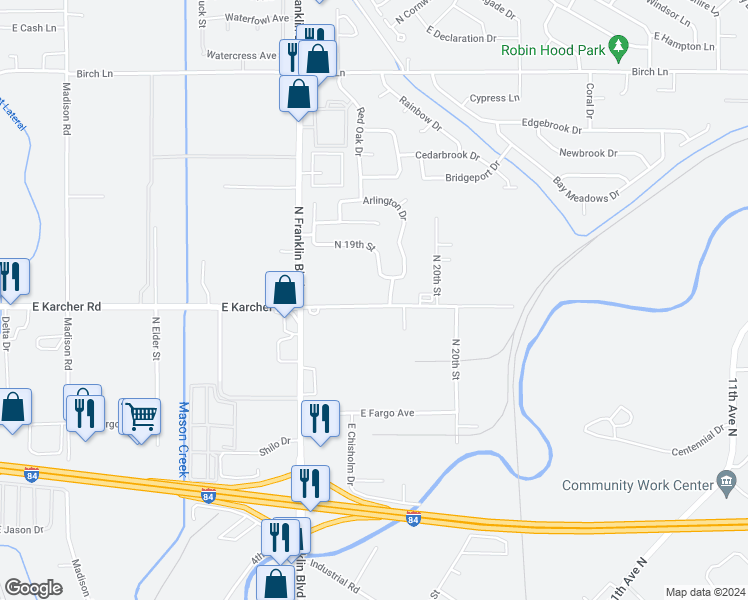 map of restaurants, bars, coffee shops, grocery stores, and more near 16027 North 19th Street in Nampa