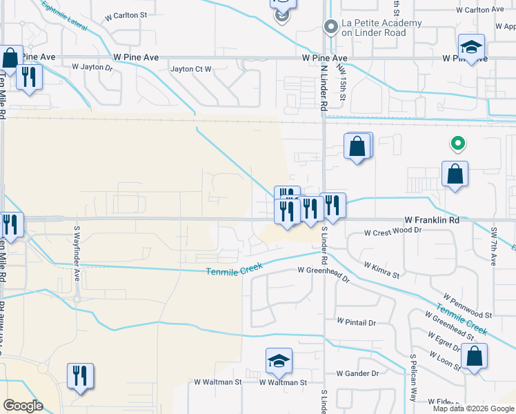 map of restaurants, bars, coffee shops, grocery stores, and more near 1950 West Franklin Road in Meridian