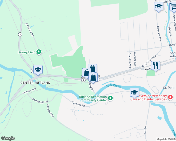 map of restaurants, bars, coffee shops, grocery stores, and more near 463 West Street in Rutland
