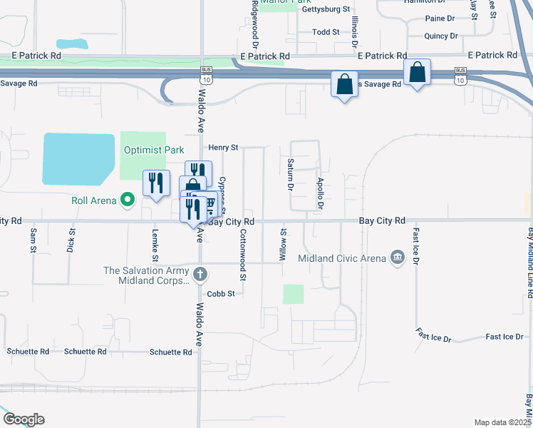 map of restaurants, bars, coffee shops, grocery stores, and more near 3601 Bay City Road in Midland