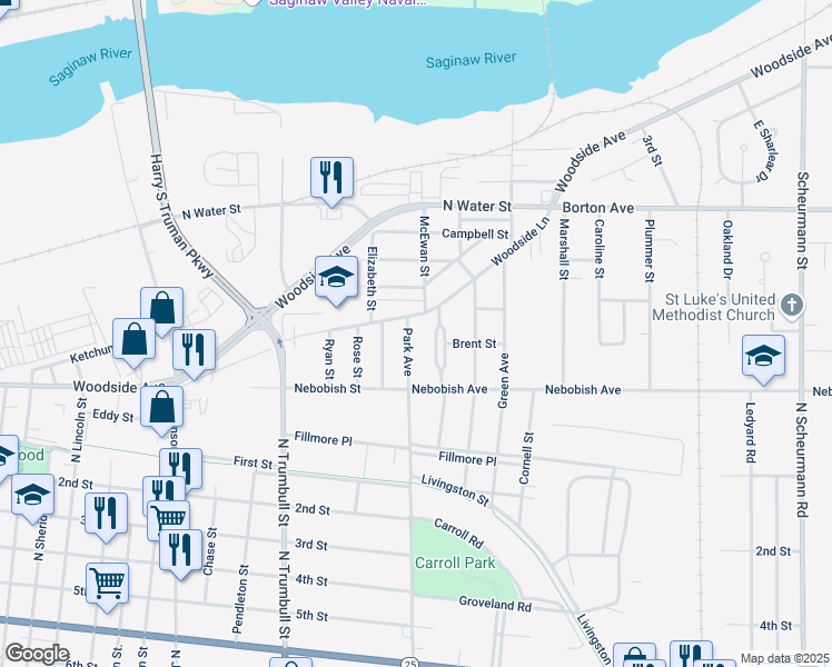map of restaurants, bars, coffee shops, grocery stores, and more near 1536 Park Avenue in Bay City