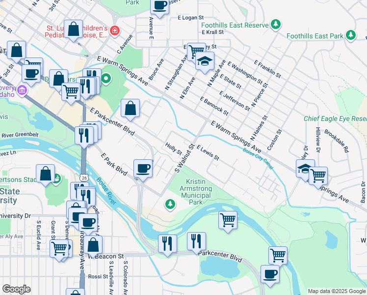 map of restaurants, bars, coffee shops, grocery stores, and more near 300 South Walnut Street in Boise