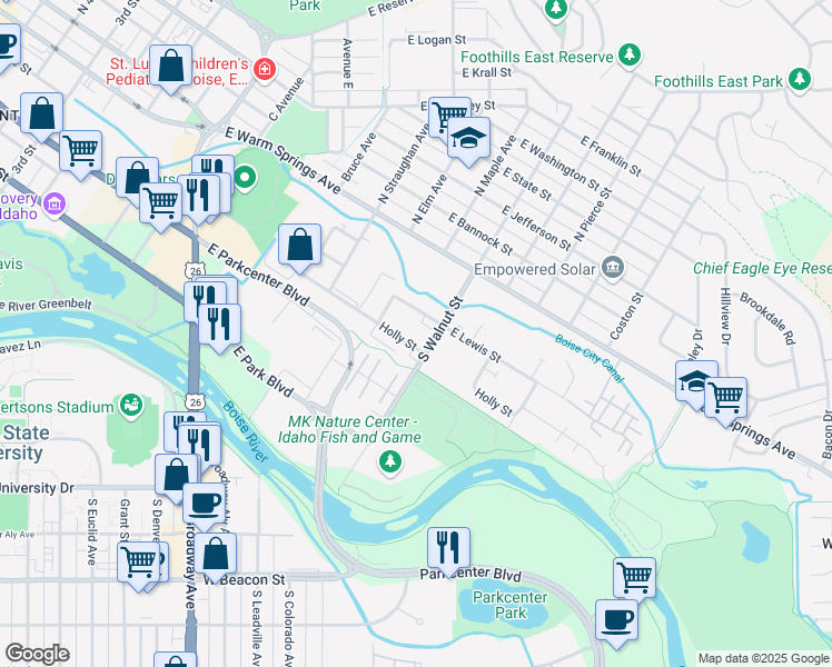 map of restaurants, bars, coffee shops, grocery stores, and more near 1015 East Holly Street in Boise