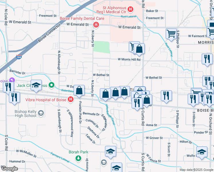 map of restaurants, bars, coffee shops, grocery stores, and more near 6205 West Tierra Lane in Boise