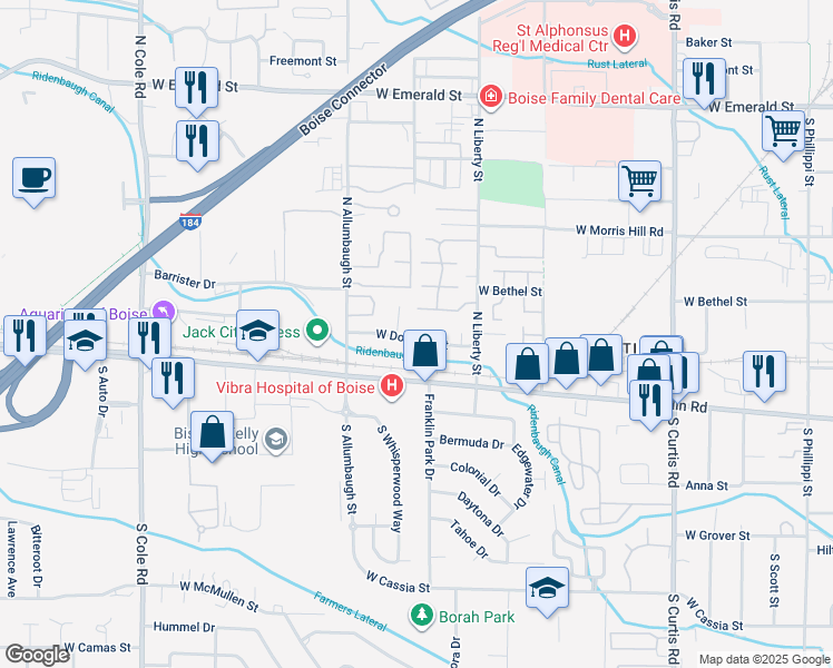 map of restaurants, bars, coffee shops, grocery stores, and more near 6557 Douglas Street in Boise