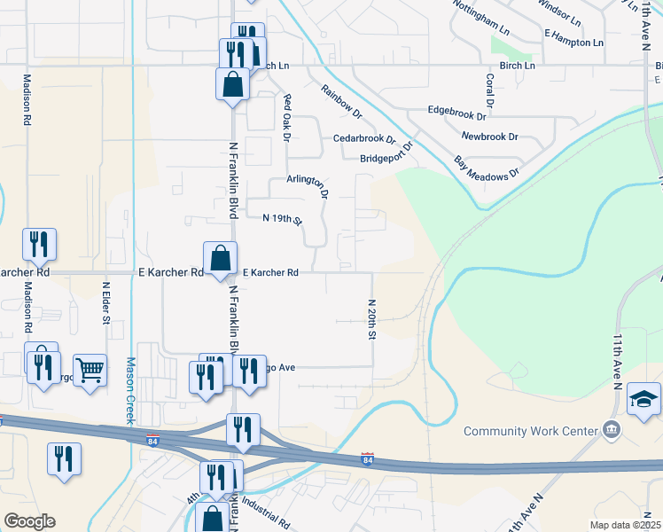 map of restaurants, bars, coffee shops, grocery stores, and more near 16026 North 19th Street in Nampa