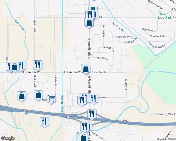 map of restaurants, bars, coffee shops, grocery stores, and more near 2222 Franklin Boulevard in Nampa