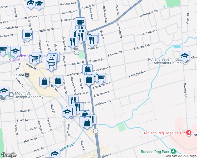 map of restaurants, bars, coffee shops, grocery stores, and more near 1 Olmstead Place in Rutland