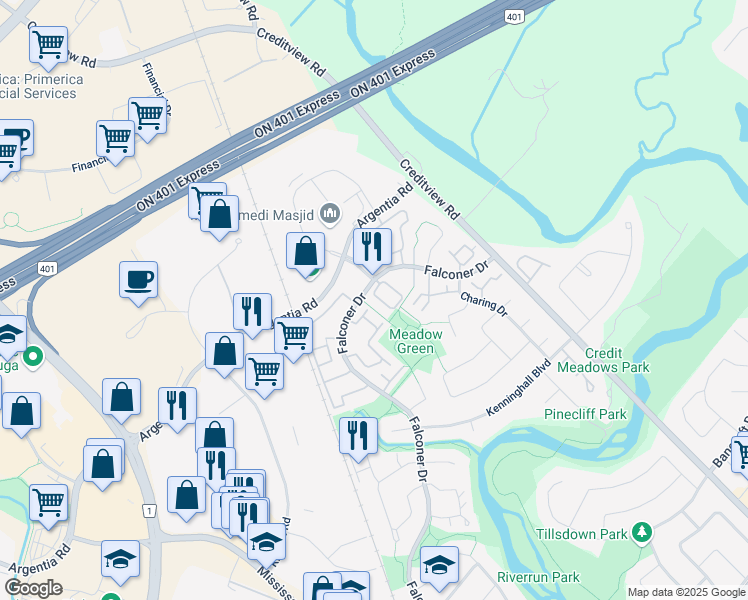 map of restaurants, bars, coffee shops, grocery stores, and more near 6625 Falconer Drive in Mississauga