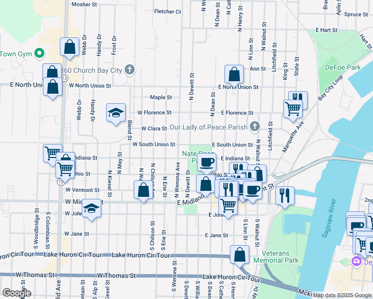 map of restaurants, bars, coffee shops, grocery stores, and more near E Indiana St in Bay City