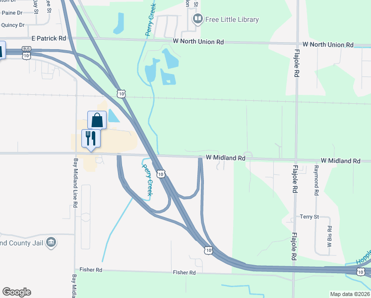 map of restaurants, bars, coffee shops, grocery stores, and more near 2778 West Midland Road in Midland