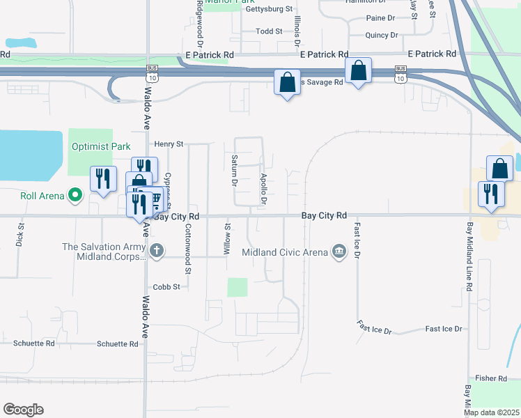 map of restaurants, bars, coffee shops, grocery stores, and more near 3820 Bay City Road in Midland