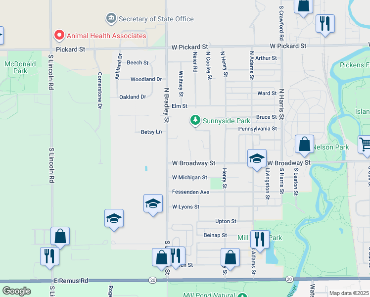 map of restaurants, bars, coffee shops, grocery stores, and more near 1702 West Broadway Street in Mount Pleasant