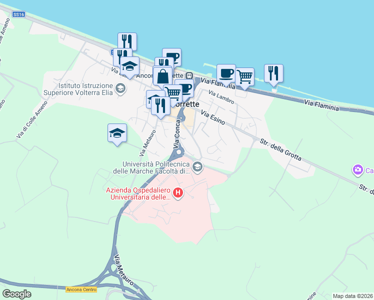 map of restaurants, bars, coffee shops, grocery stores, and more near 49 Via Conca in Torrette