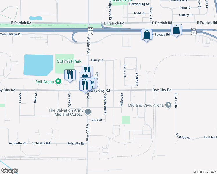 map of restaurants, bars, coffee shops, grocery stores, and more near 3505 Bay City Road in Midland