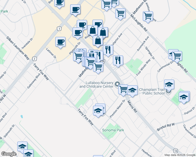 map of restaurants, bars, coffee shops, grocery stores, and more near 824 Khan Crescent in Mississauga