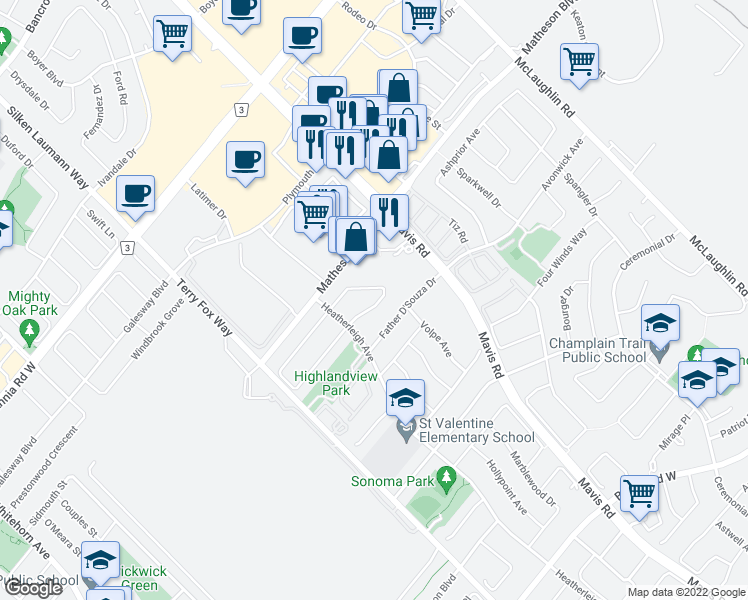 map of restaurants, bars, coffee shops, grocery stores, and more near 803 Khan Crescent in Mississauga